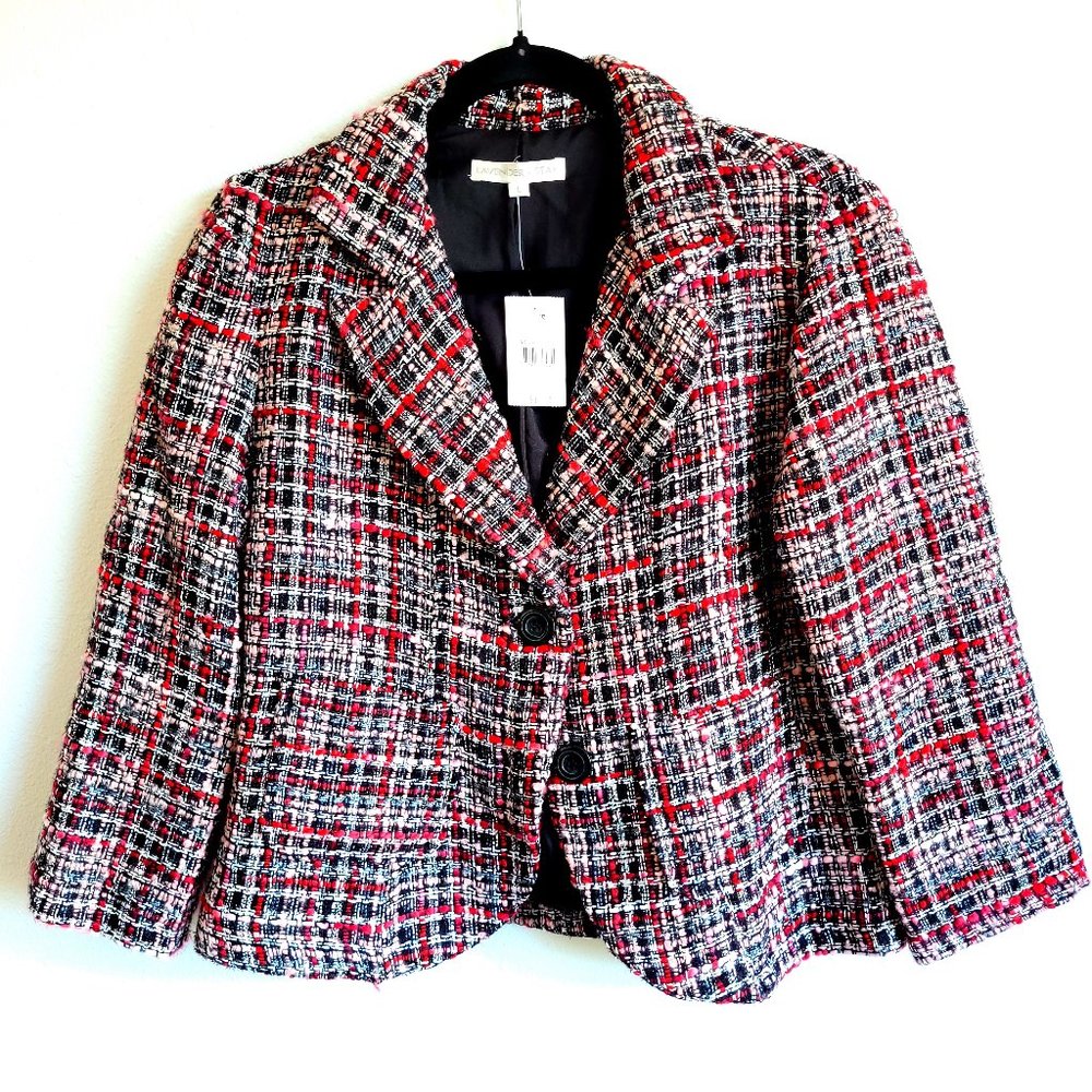 New Misses blazer in wine/black/light pink/and silver woven tweed like print